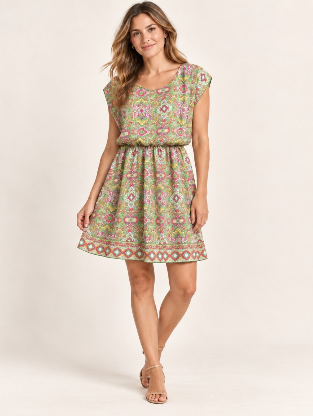 Tacera Paisley Print Mini Dress Green Pink Boho Retro Size Large